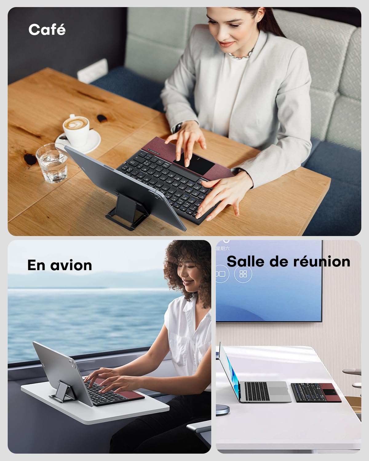 Clavier Sans Fil Pliable AZERTY Bluetooth avec Pavé Tactile, Bordeaux | Multi-Appareils, 3 Appareils Bluetooth, Mini Clavier Silencieux, Compatible avec Android Windows iOS Téléphone Tablette iPad
