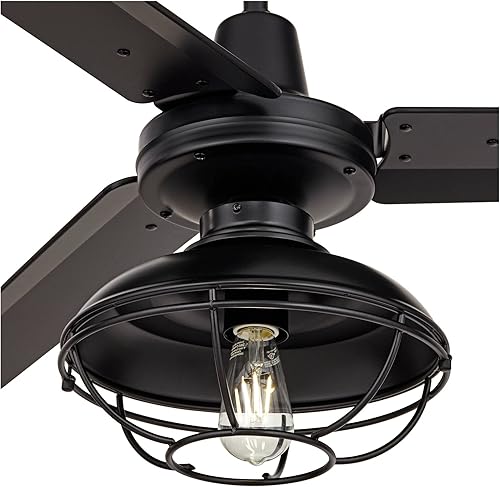 Miniatura 3 de Casa Vieja Ventilador de techo industrial de 3 aspas Plaza de 52 pulgadas con control remoto de luz LED, color negro mate, para patio, exterior,