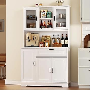Vongrasig Kitchen Pantry Cabinet, Farmhouse Kitchen Hutch Tall Storage Cabinet with Doors and Shelves, Modern Food Pantry for Dining Room, White