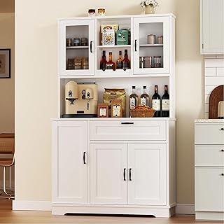 Vongrasig Tall Kitchen Pantry, Modern Kitchen Storage Canibet with Hutch and Microwave Stand, Pantry Cabinet with Shelves for Dining Room, White