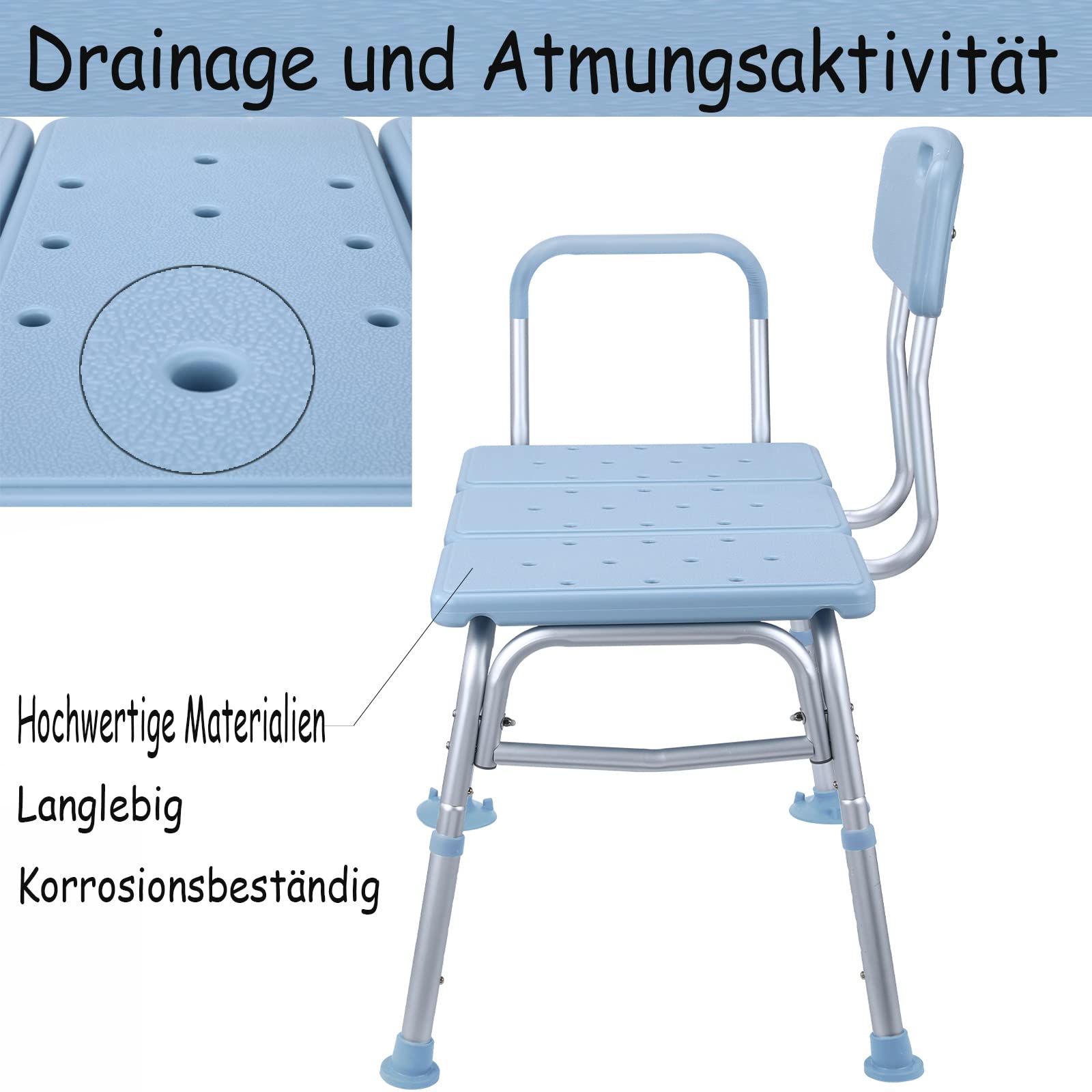 Taburete para ducha, altura regulable, asiento para bañera, antideslizante, con respaldo y reposabrazos, taburete de baño, asiento ampliado (modelo E)