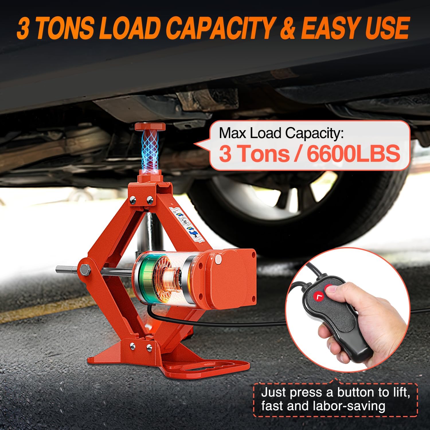 Nilight Electric Car Jack 3 Ton 6600LBS Floor Jack Kit Automatic 12V Electric Scissor Lift Jack Portable Repair Tool with Remote Control Double Jack Pads for Car Tire Change Replacement, Orange Red