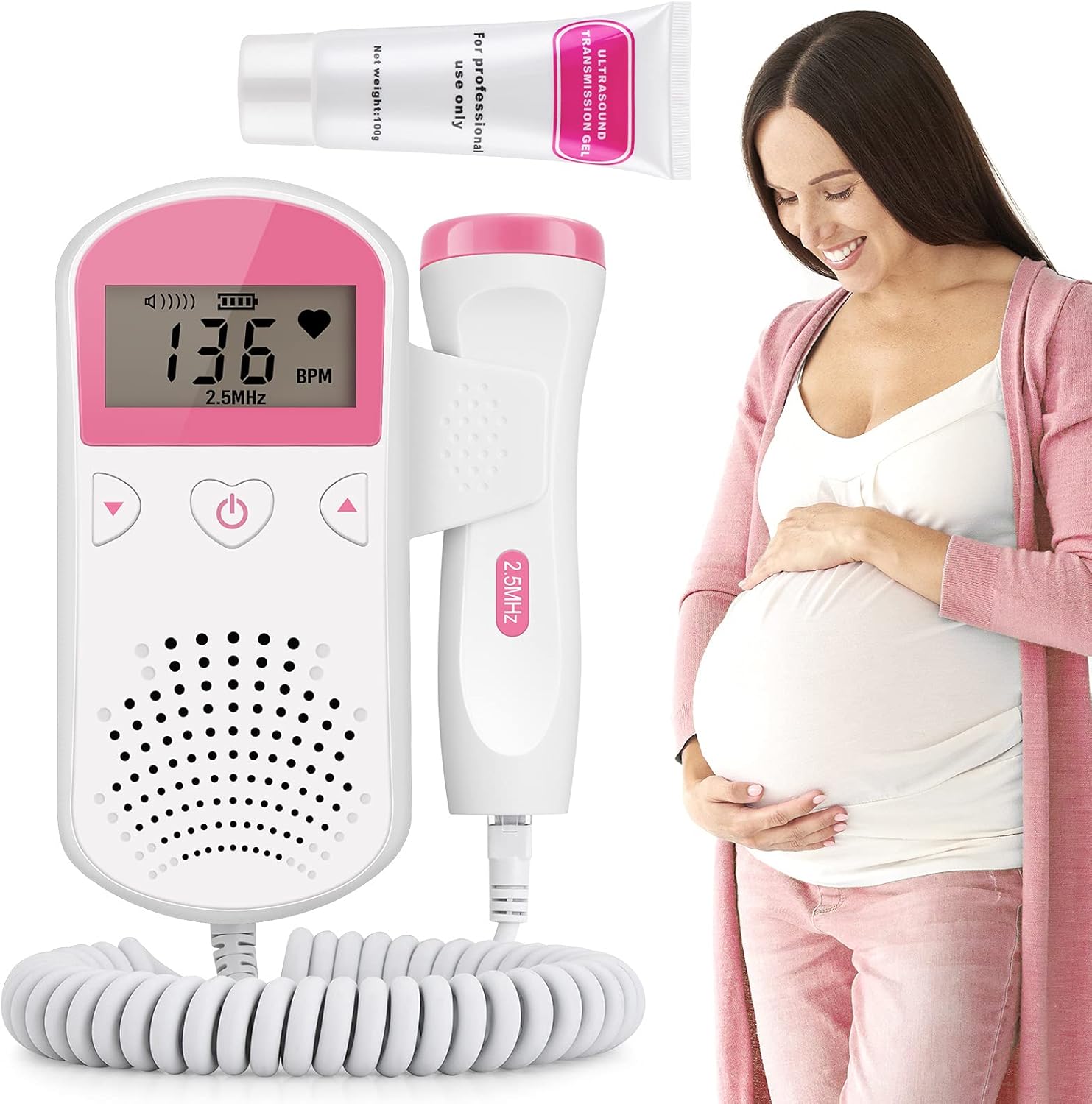 Doppler fetal, Monitor fetal Doppler, Monitor de Corazón de Bebé para el Embarazo (con Gel)