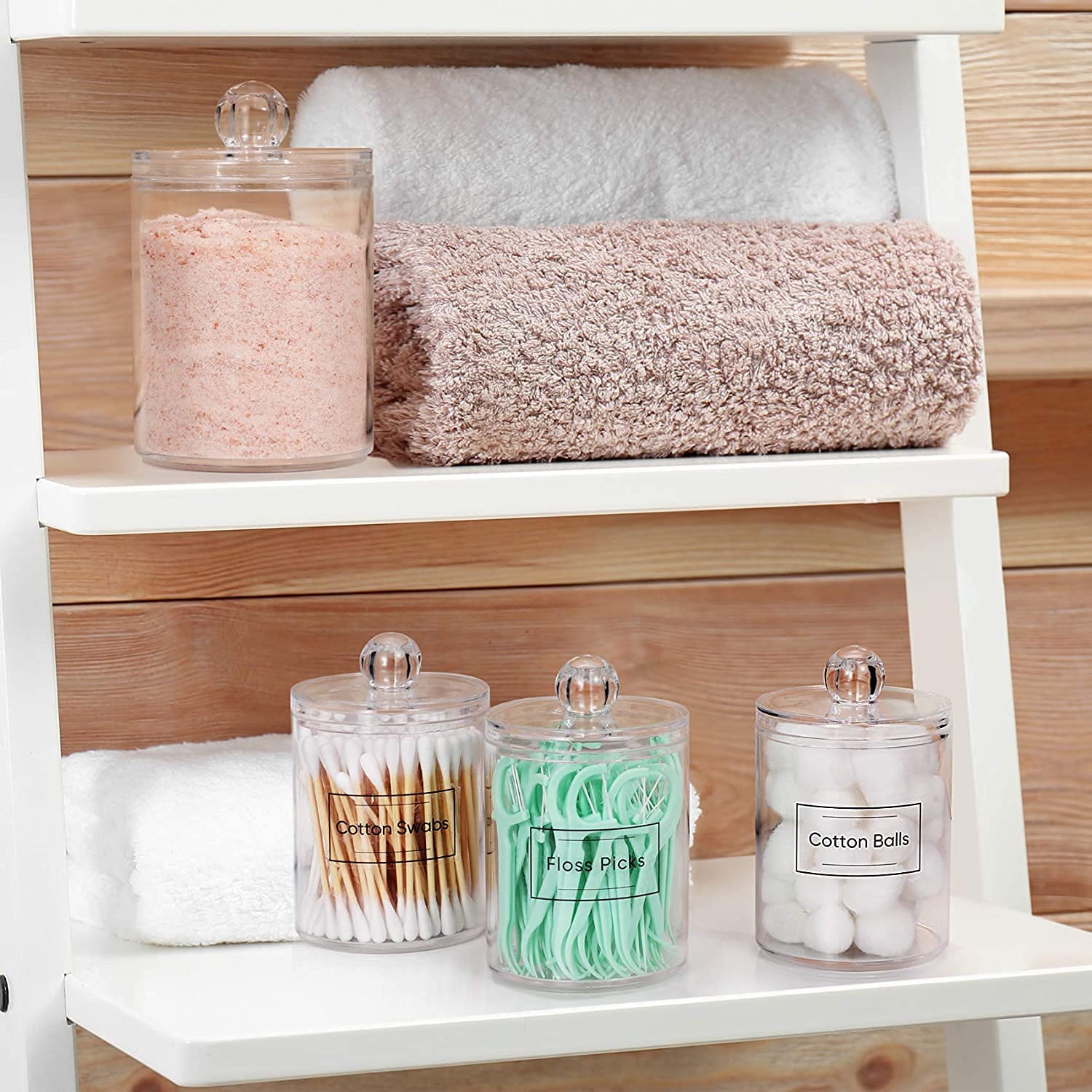 Topinon 6 Pack Qtip Holder Dispenser - 10 oz Clear Plastic Apothecary Jar Set for Bathroom Canister Storage Organization, Vanity Makeup Organizer 4