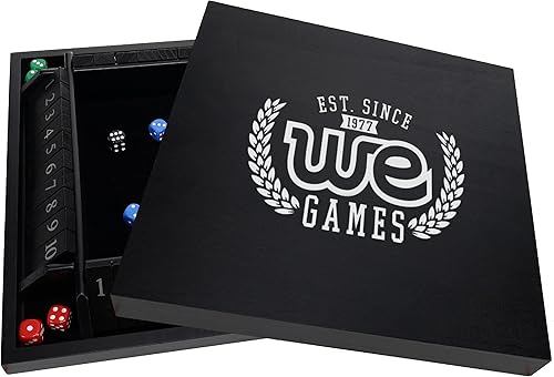 WE Games Juego de mesa de dados Shut The Box para 4 jugadores con tapa, madera teñida de negro, tamaño grande de mesa auxiliar, 14 pulgadas, para