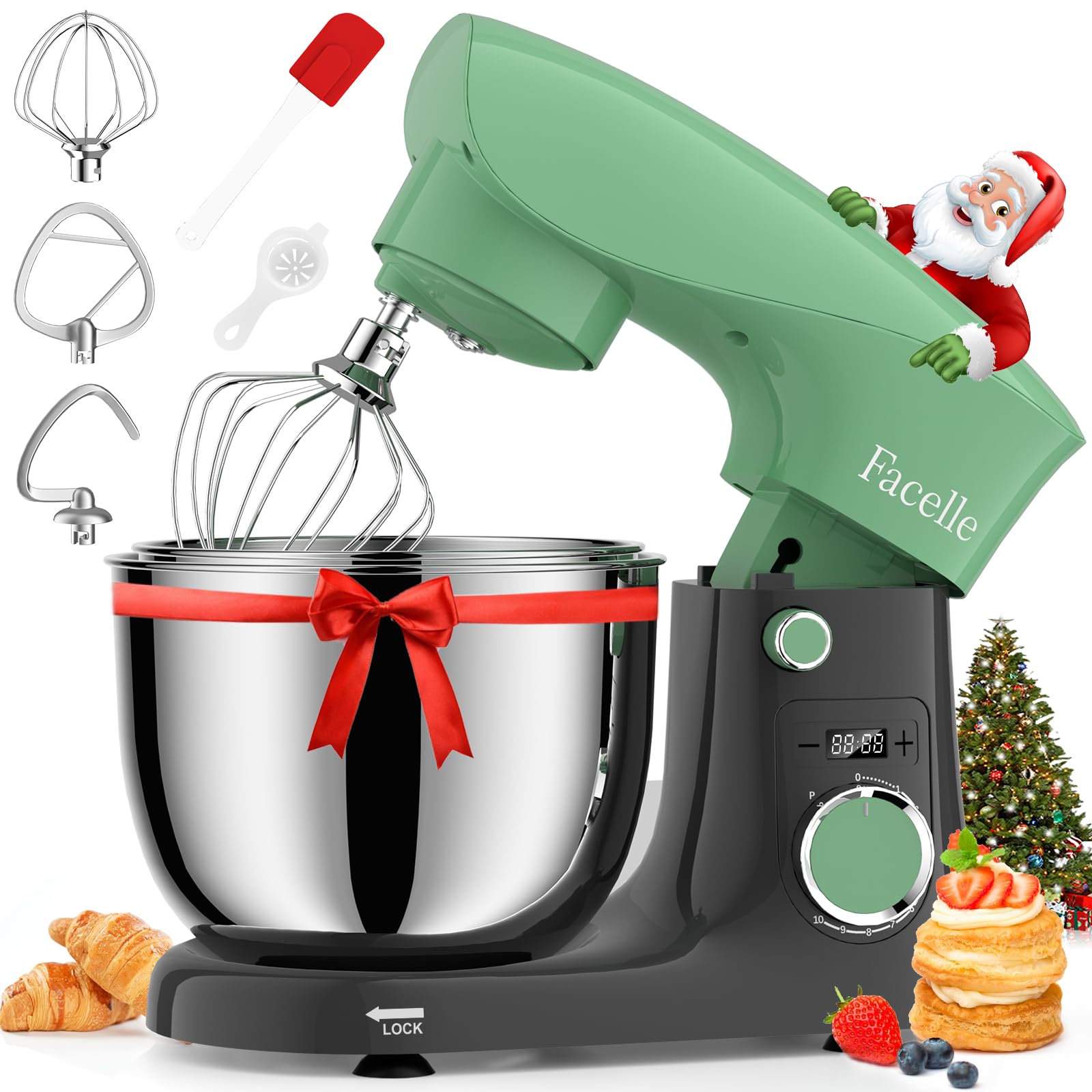 Küchenmaschine Knetmaschine 1500W | Facelle 5,5L &4,5L Teigmaschine Rührmaschine | Geräuscharm| 10+P Teigknetmaschine mit Rührhaken, Knethaken, Schneebesen und Spritzschutz