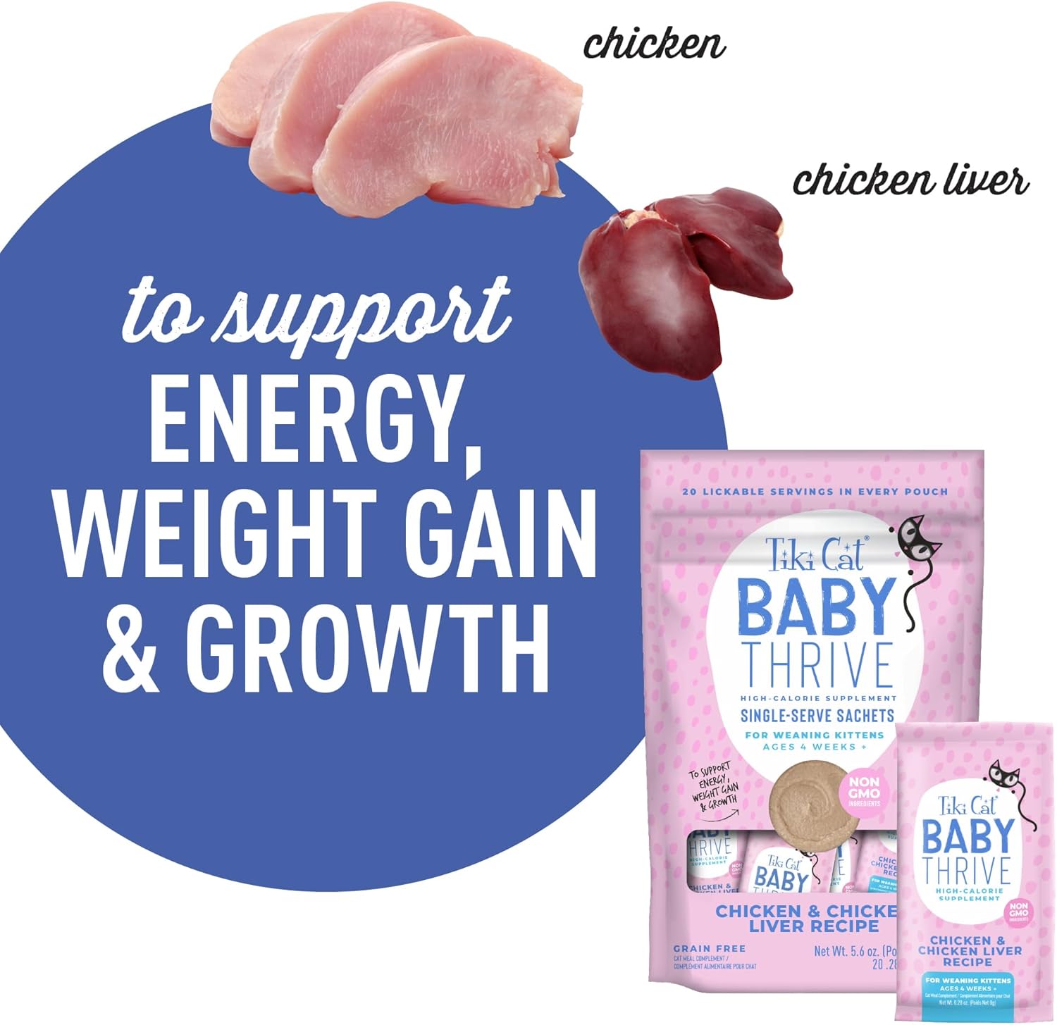 Tiki Cat Baby Thrive, Chicken & Chicken Liver, High-Protein & Flavorful, Wet Cat Food for Kittens 4 Weeks+, 5.6 oz. Pouches (Pack of 8)