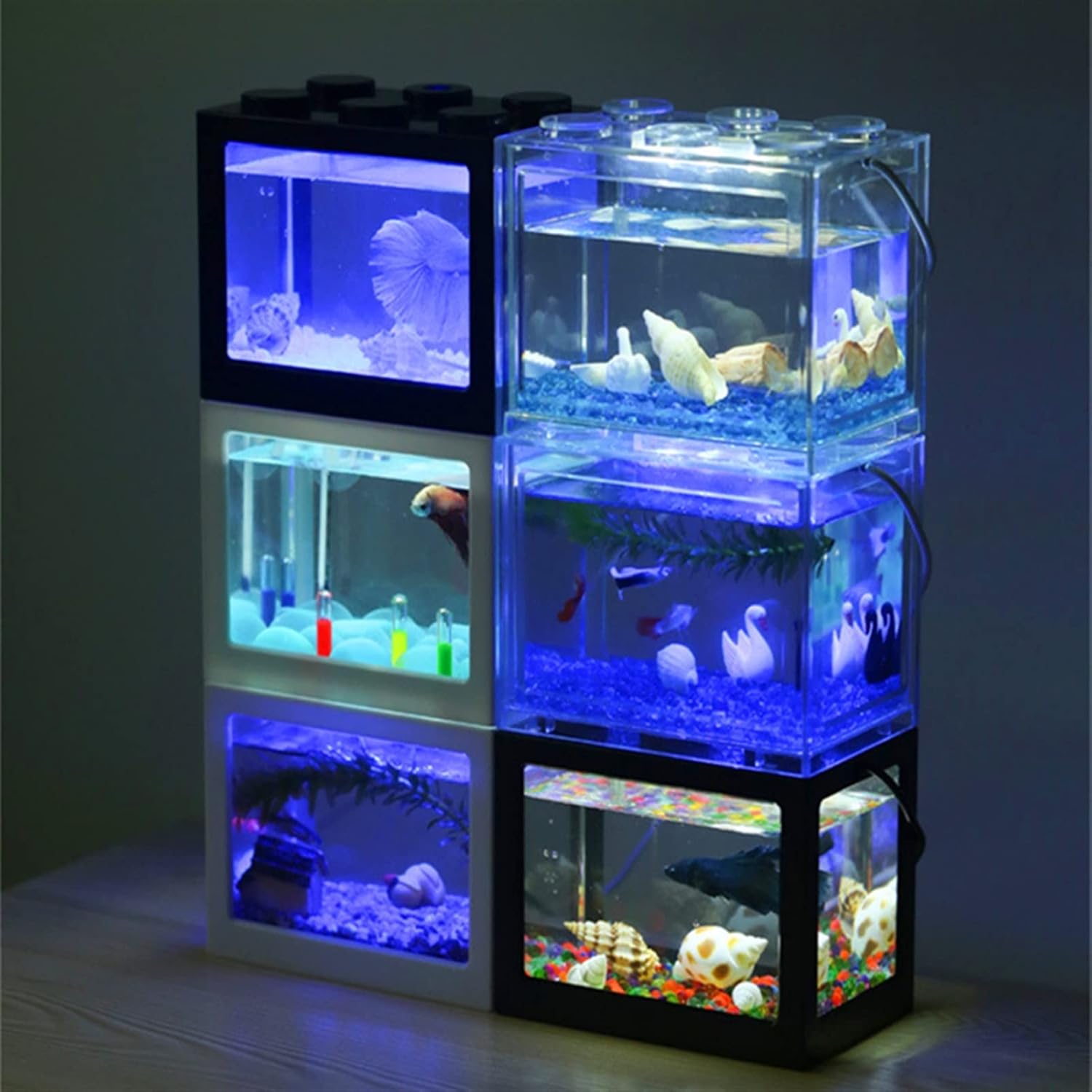 Fish Tank Mini Fish Tank Reptile Pet Stackable Aquarium Creative Building Block Fish Cylinder Landscape Seawe for Office Decoration Aquarium Tank (Color : Rojo)