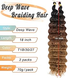 Eerya Long Curly Braiding Hair 18 Inch 2 Packs Ocean Wave Crochet Hair for Black Women Deep Wave Braiding Hair for Boho Braids (18 inch, T1B/30/27)