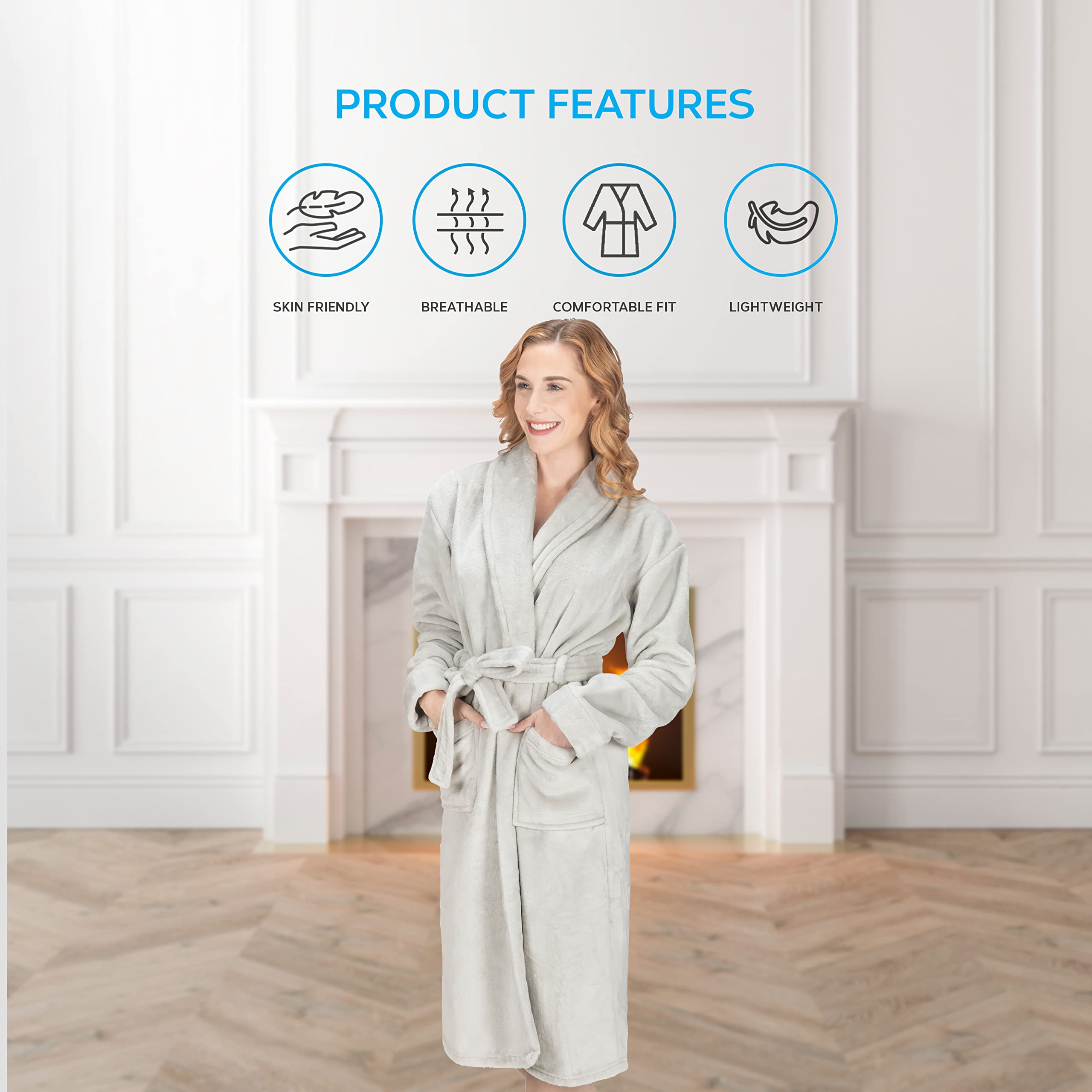MONHOUSE Womens Dressing Gown - Premium Super Soft & Cosy Long Bathrobe - Ladies Thick Flannel Luxury Housecoat - Warm Fluffy Shearling Spa Robe for Her - Sherpa Bathrobe - Silver - UK 12-14