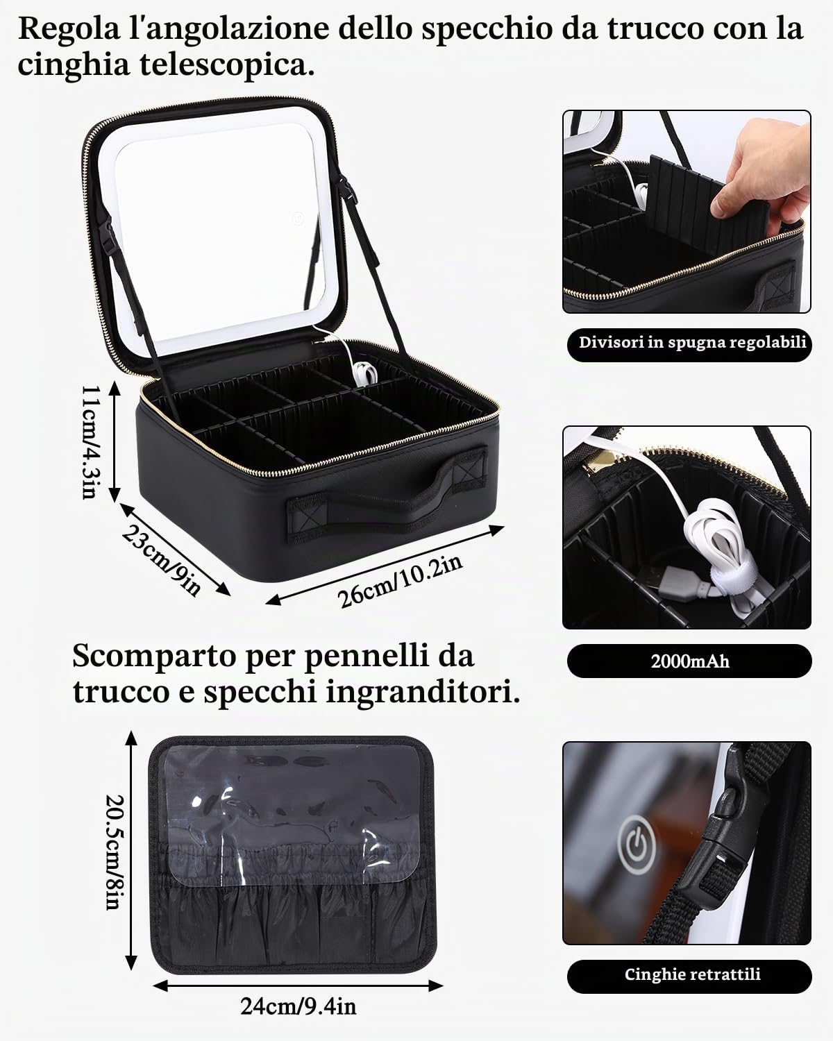 Borsa Cosmetici Con Specchio Led,Valigetta Trucco Portatile con Divisori Regolabili,Porta Trucchi Con Specchio Con 3 Modalità Illuminazione,Cosmetico Impermeabile Strumenti Trucco Accessori per Donna