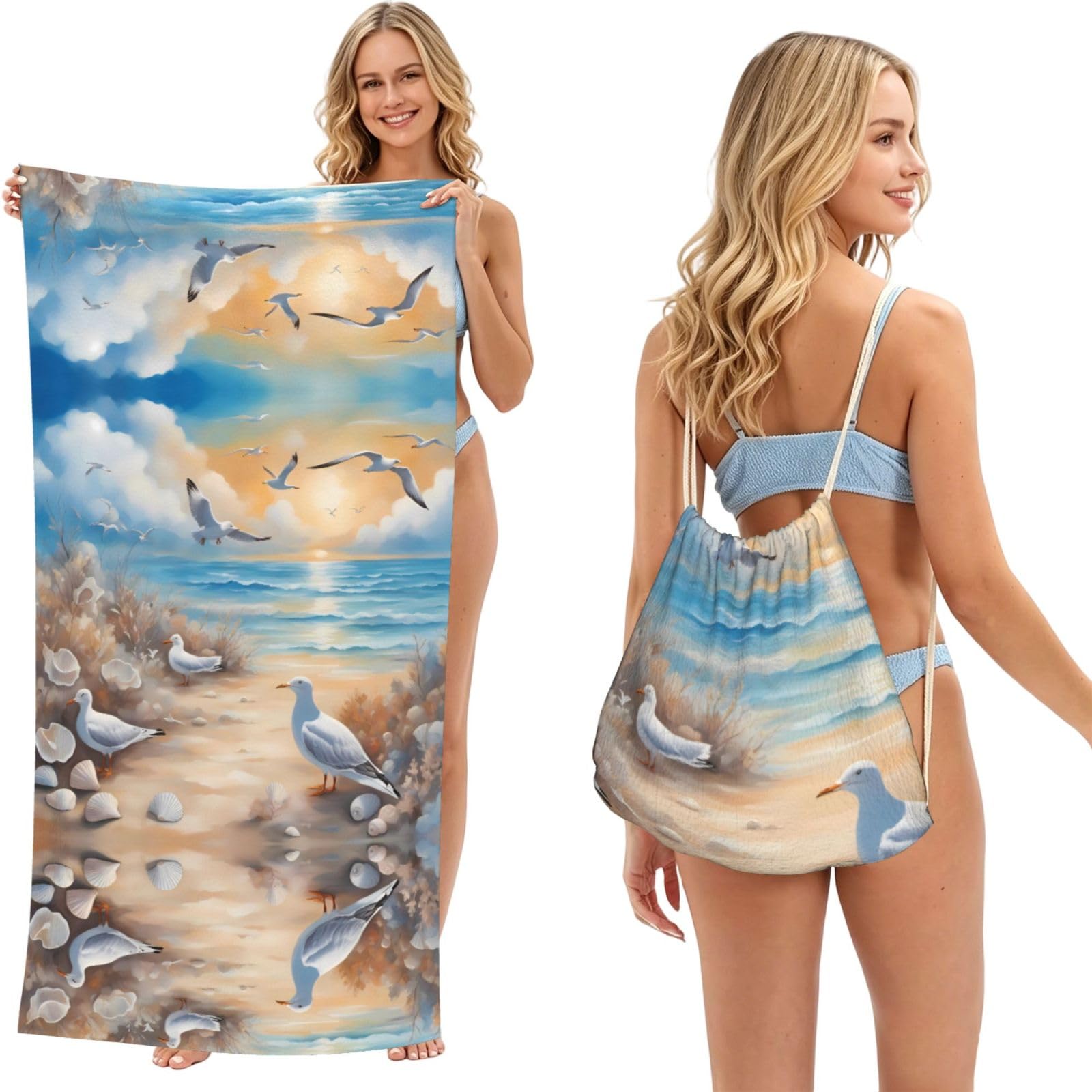 SXZVVBN Many cute seagulls 2-in-1 Beach Towel Bag, Quick Dry Sand Free Travel Towel Backpack for Adults