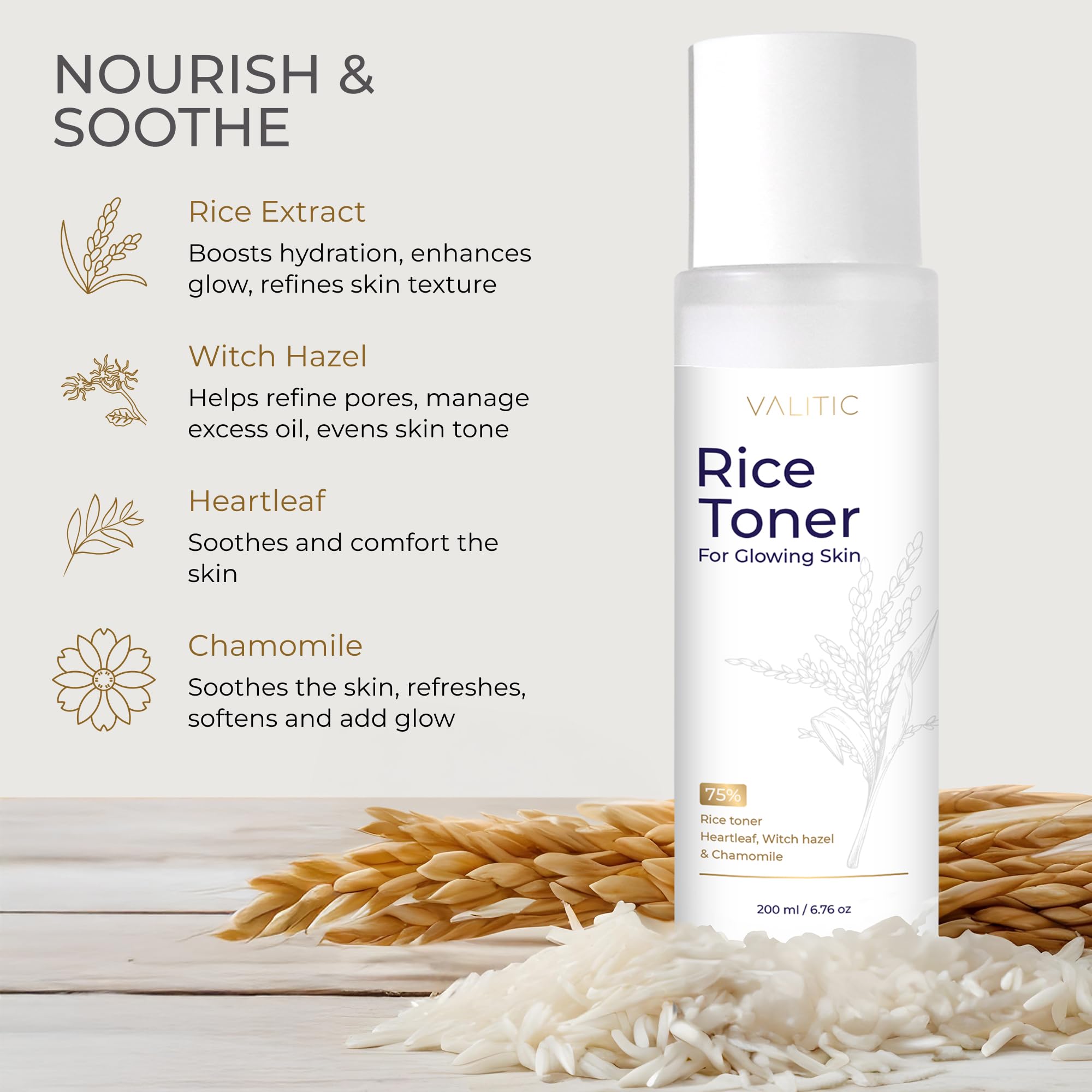 Tónico de arroz – 75 Tónico lechoso de extracto de arroz para cara con niacinamida, hoja de corazón, hamamelis y esencia de manzanilla, vidrio facial hidratante para el cuidado de la piel 4