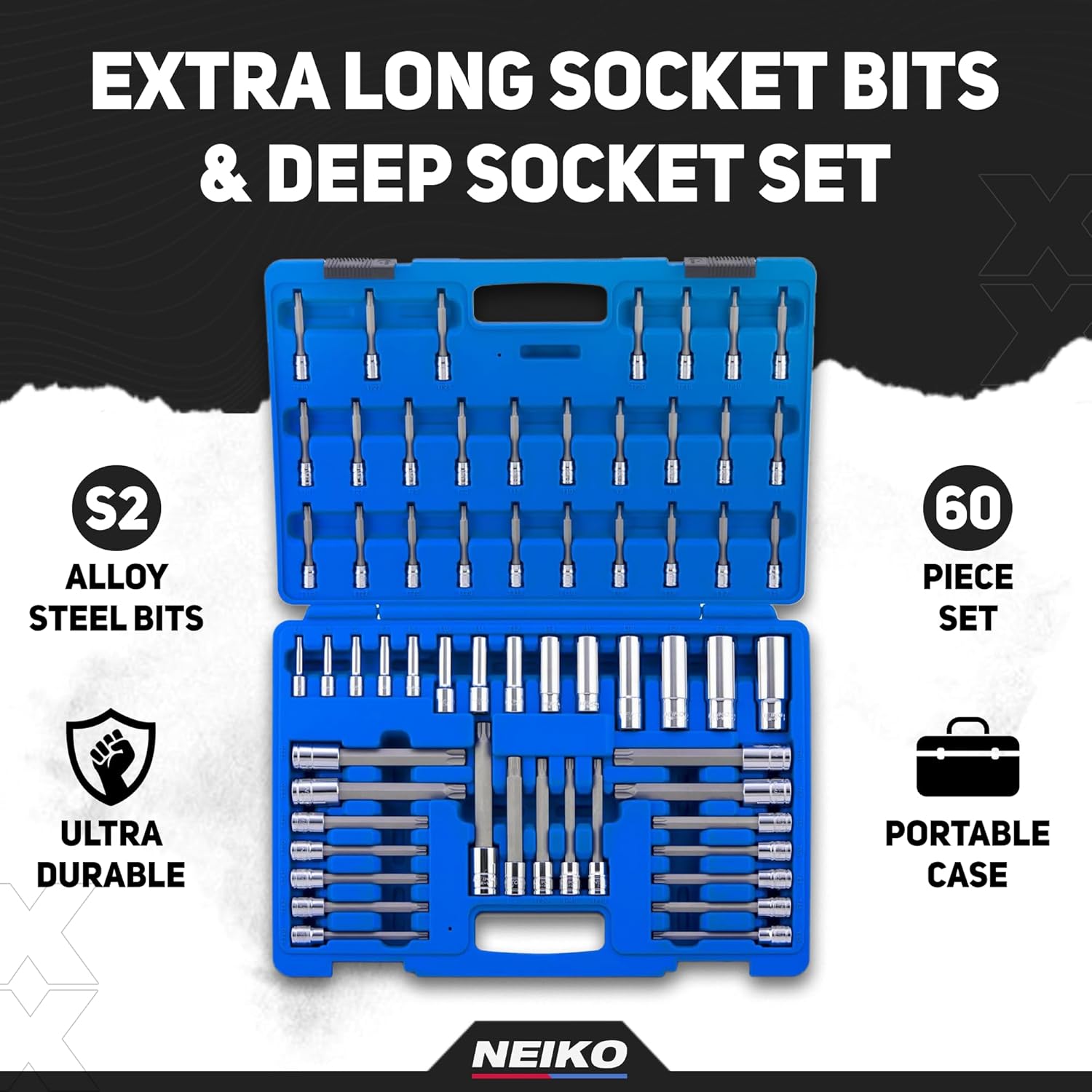 NEIKO 10287A Extra Long Socket Bits and Deep Socket Set | 60 Piece | S2 Tamperproof Torx Plus Bits and Cr-V Steel E-Torx Sockets