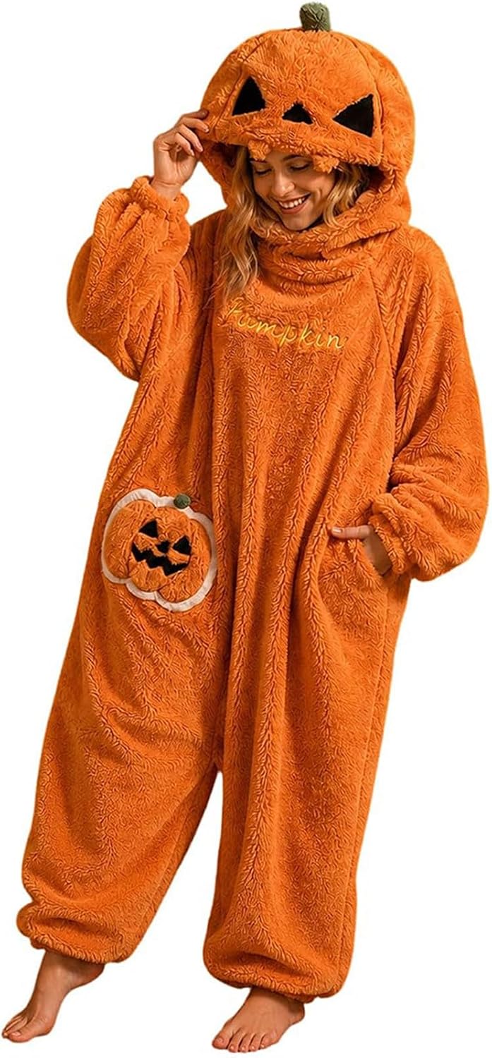 HJINGSUN Pumpkin Pajamas Women Halloween Fleeced Jack O Lantern Pajamas | Womens Halloween Costumes 2026 Adult Oversized One Piece Orange Jumpsuit Plush Pajamas with Hood Loungewear Cosplay Costume