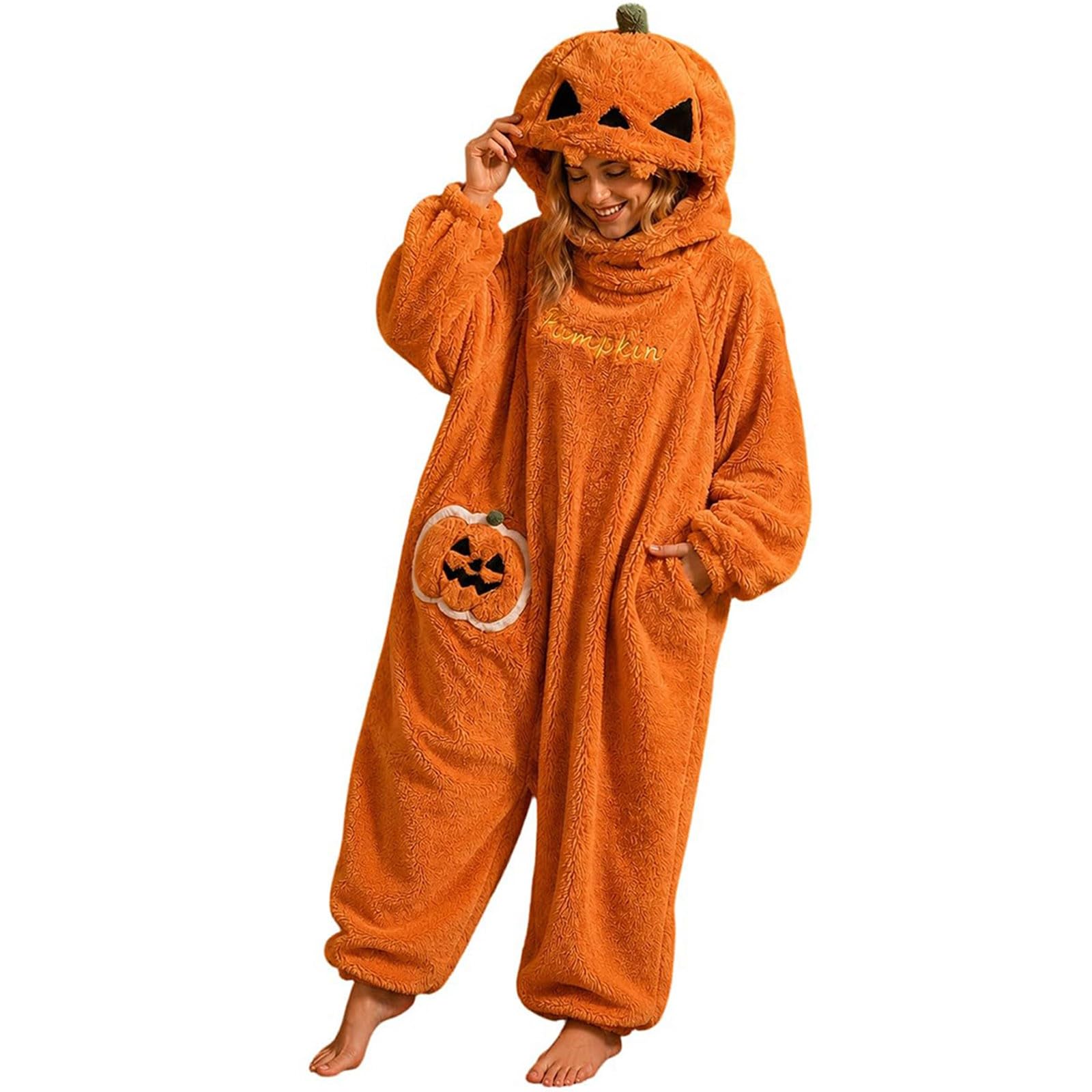 Unisex Adult Pumpkin Funny Onesie Halloween Fleece Pyjamas Oversized Hooded Pumpkin Costume Jumpsuit, Soft Coral Fleece Loose Wide Leg Loungewear for Halloween Party Cosplay Fall Home Wear