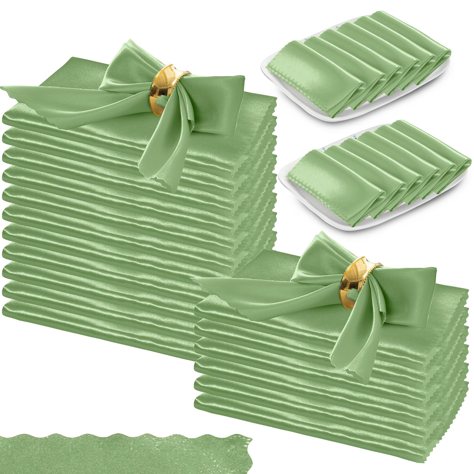 Manyshofu 20 Pieces Sage Green Satin Scalloped Napkins - 18x18 Inches Satin Cloth Napkins, Square Satin Fabric Napkin Set - Elegant & Smooth Table Napkins for Wedding Dinner Party Banquet Restaurant
