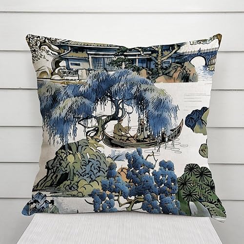Vista 785 de ArogGeld Chinoiserie - Fundas de almohada escénicas asiáticas, estilo asiático, funda de almohada azul y verde Kelly, funda de cojín para decoración