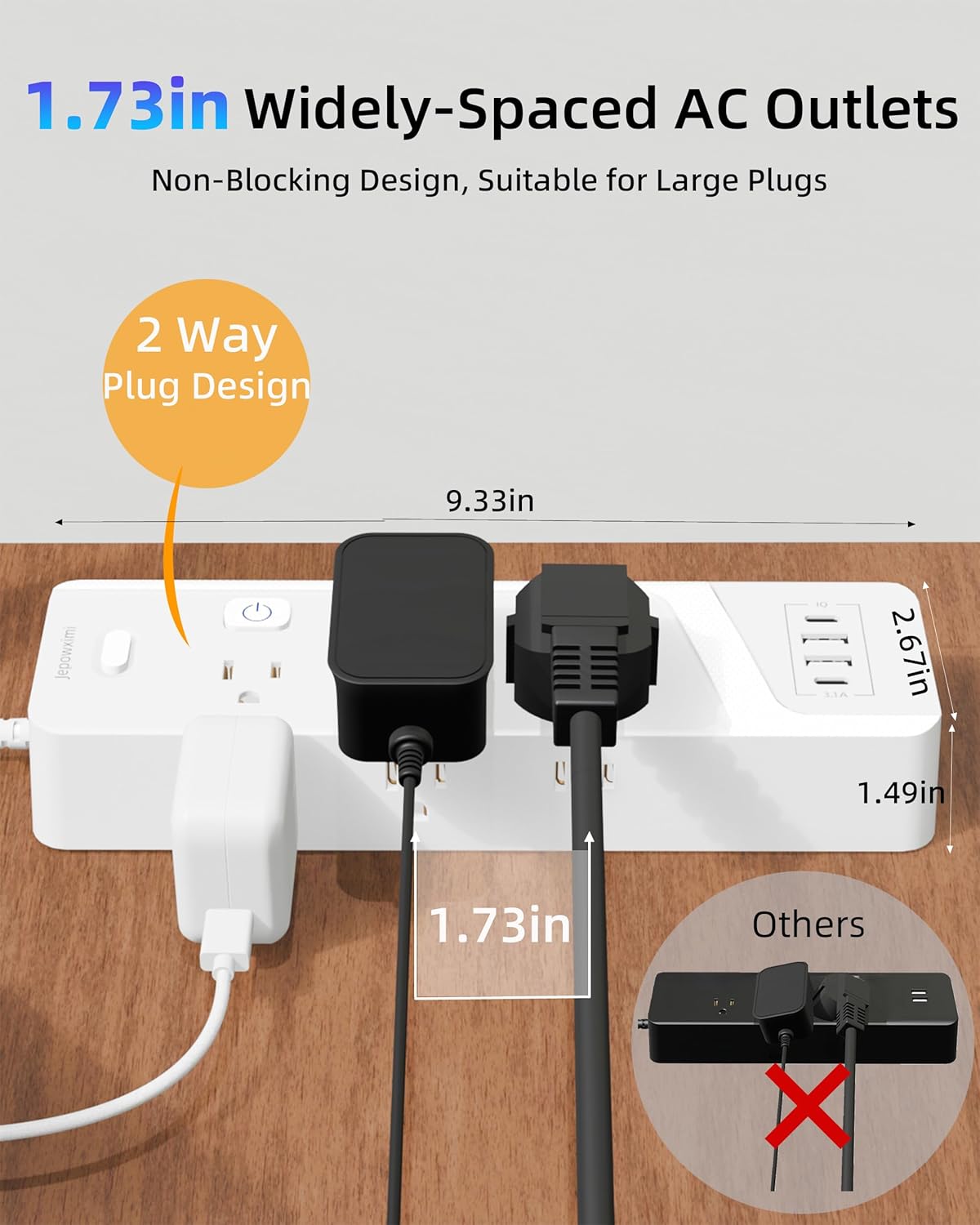 Surge Protector Power Strip with Individual Switches - 6 Wide Spaced Outlet 4 USB Ports(2 USB C), 10ft Extension Cord with Switch On/Off, 1500J, Flat Plug, Wall Mount for Home Office, White