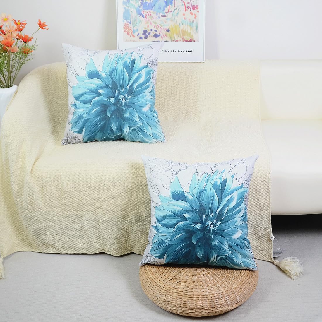 QUALKNOY Set of 2 Cushion Covers 18"x18" Teal Flowers Double-sided Pattern Modern Decorative Throw Pillow cases 45 x 45cm for Living Room Sofa Outdoor Garden Floral Pillowcases - Image 3