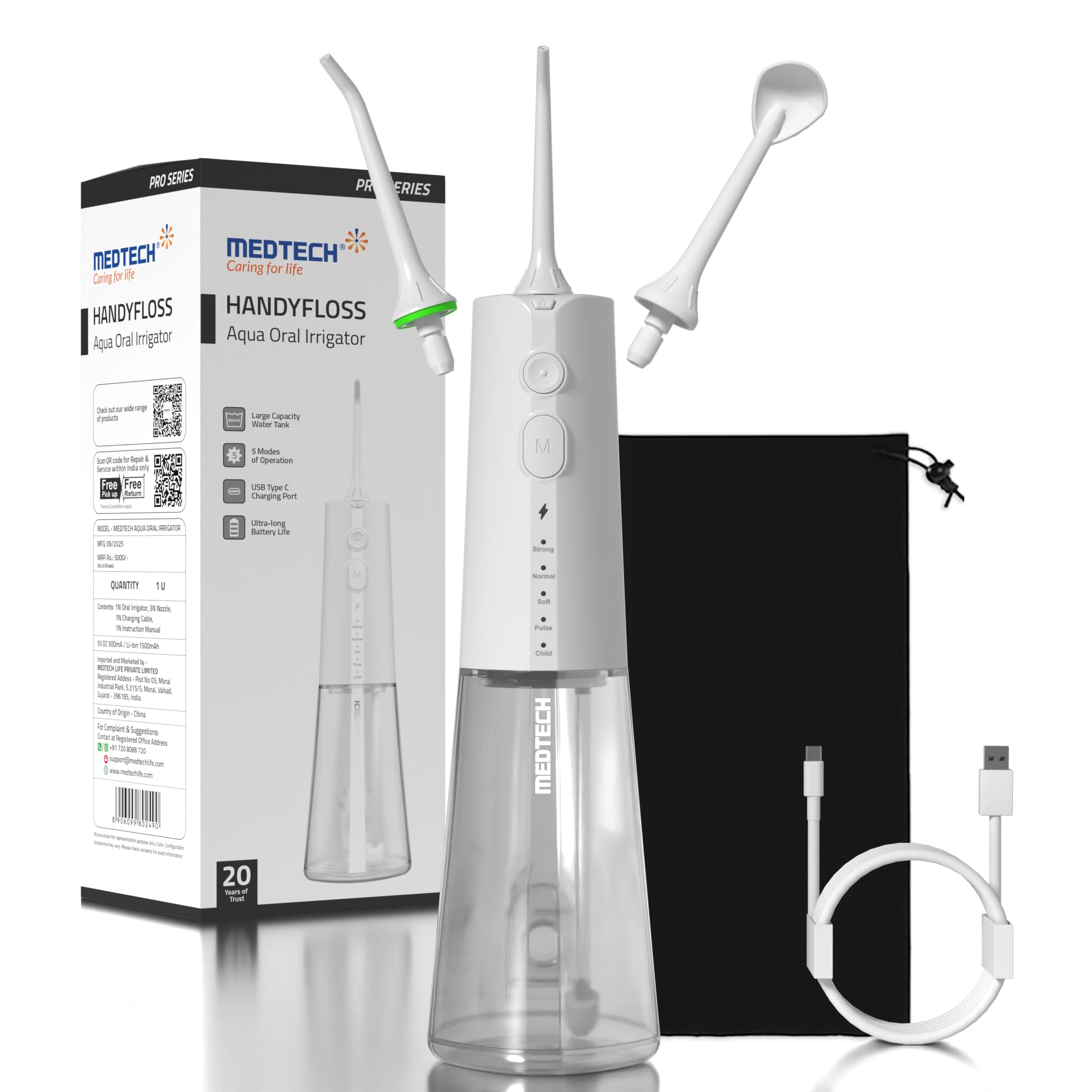 MEDTECH Handyfloss Aqua Water Flosser for Teeth | 300 ML Large Water Tank | 5 Cleaning Modes | 3 Jet Tips | USB Type-C Rechargeable Dental Water Flosser | Water-Resistant Oral Irrigator | 1-Year Warranty