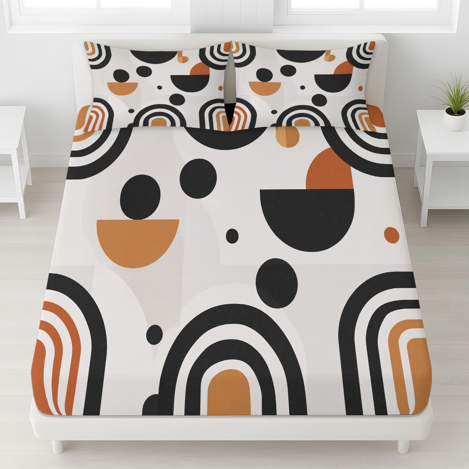 Abstrakt Geometrisch Spannbetttuch Böhmisch Kreis Bogen Linie Spannbettlaken 140 x 200 x 30 cm 3teilig Mikrofaser Bettwäsche Set mit 2 Kissenbezüge 80 x 80 cm Kein Flachbettlaken