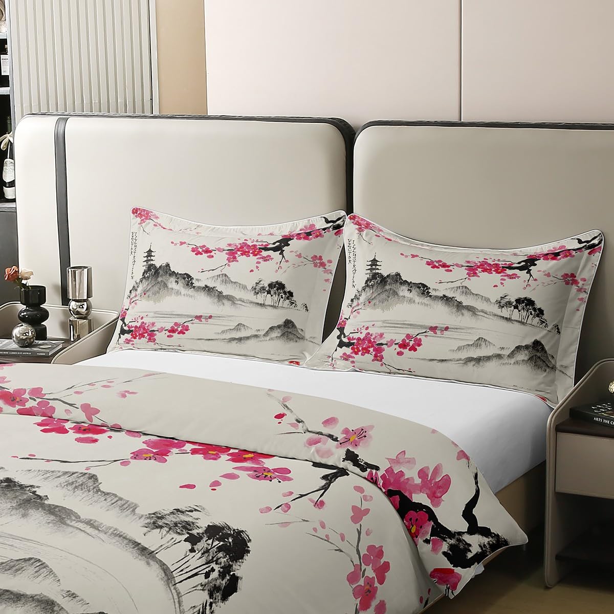 Loussiesd Japanischer Stil 100% Baumwolle Bettwäsche Set,Japanische Ukiyoe Bettwäsche-Set Zimmer Dekor,Weich Sakura Blume Traditionelles Retro Thema Rosa Dekorative Bettwäsche 135x200cm