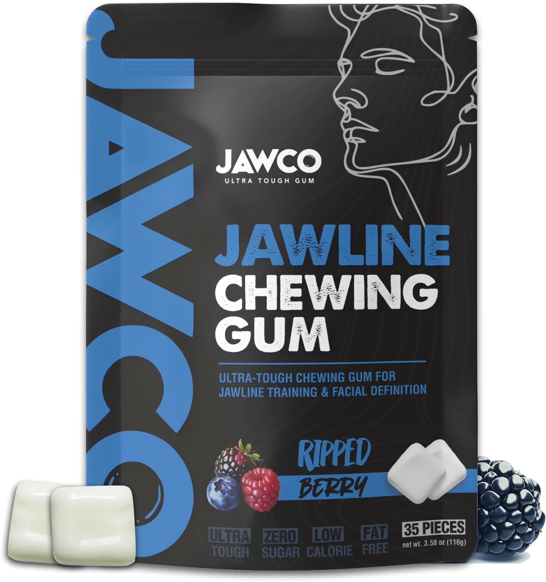 JAWCKO Ultra-Tough Jawline Chewing Gum | Get a Stronger, Squarer Jawline | Ripped Berry Jaw Training Hard Gum | 15X Strength | Chisel, Sculpt, Tone your Jaw | Facial Fitness Mewing Gum | 40 Pieces
