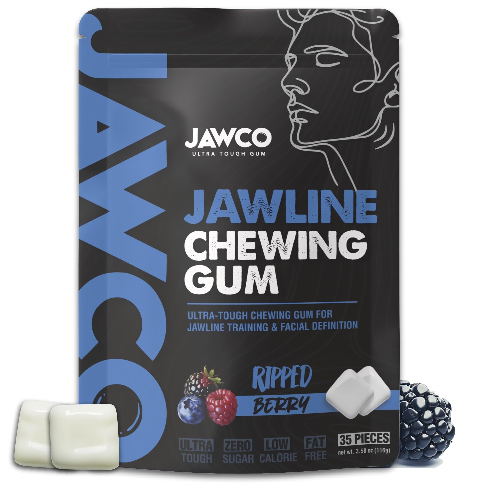 JAWCO Ultra-Tough Jawline Chewing Gum | Get a Stronger, Squarer Jawline | Ripped Berry Jaw Training Hard Gum | 15X Strength | Chisel, Sculpt, Tone your Jaw | Facial Fitness Mewing Gum | 35 Pieces/Pack