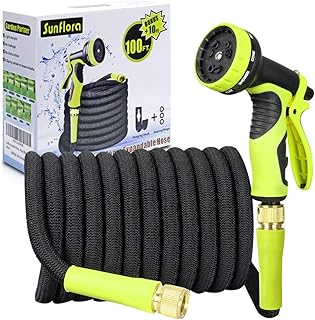 Sunflora 100 ft Garden Hose Bonus 10 feet with Solid Brass Fittings and 9 Patterns Spray Nozzle, Flexible No Kink Water Ho...