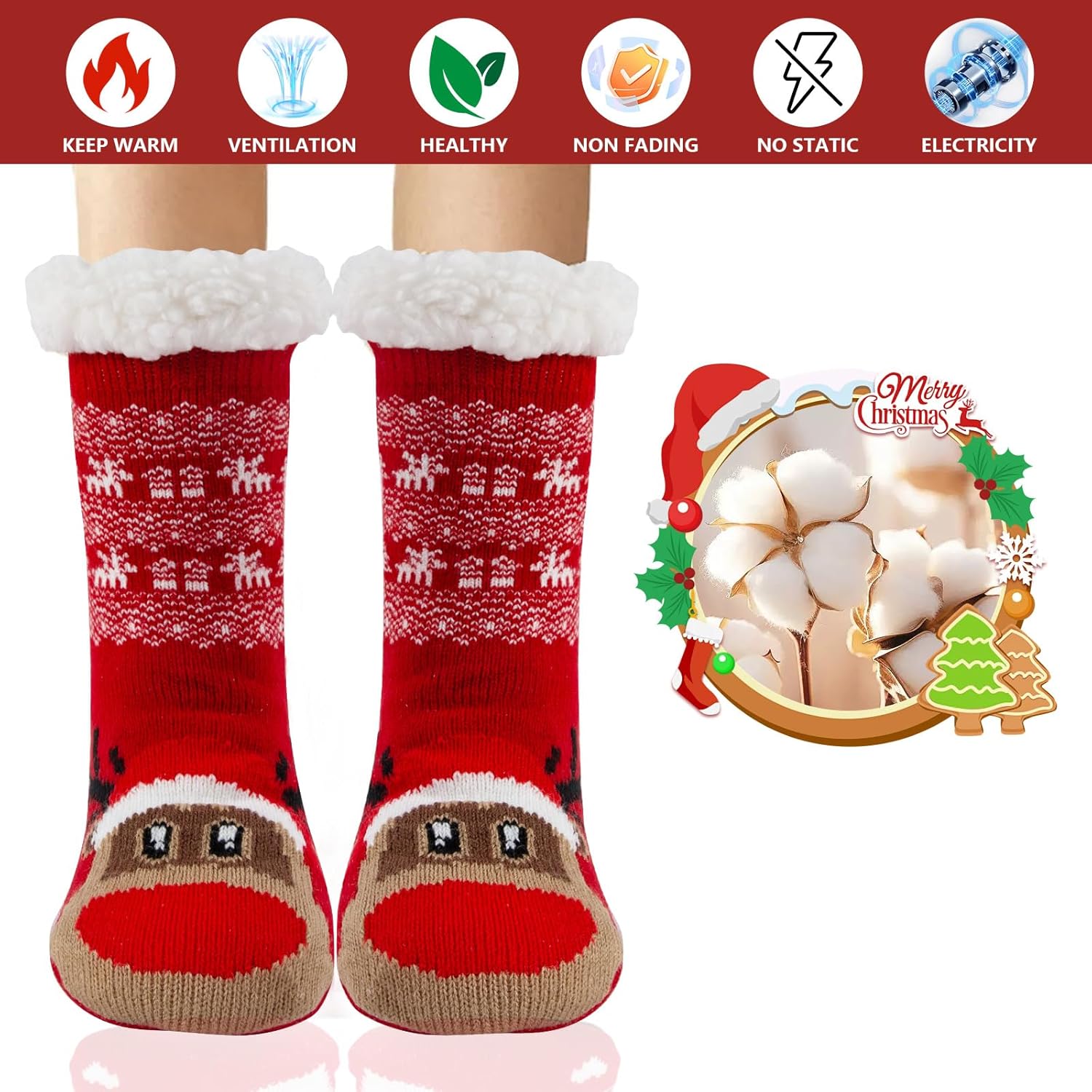 Christmas Socks for Kids, Cute Animal Fuzzy Slipper Socks with Non-Slip Grips, Warm Fleece Lining for Boys and Girls - Image 5