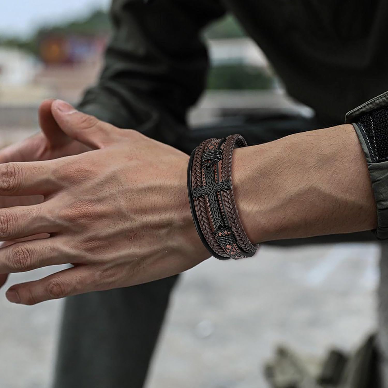 Mens Cuff Cross Bracelet Multi-Layer Braided Leather Cross Bracelet for Religious Bangle Wristband Faith Christian Jewelry for Men Teen