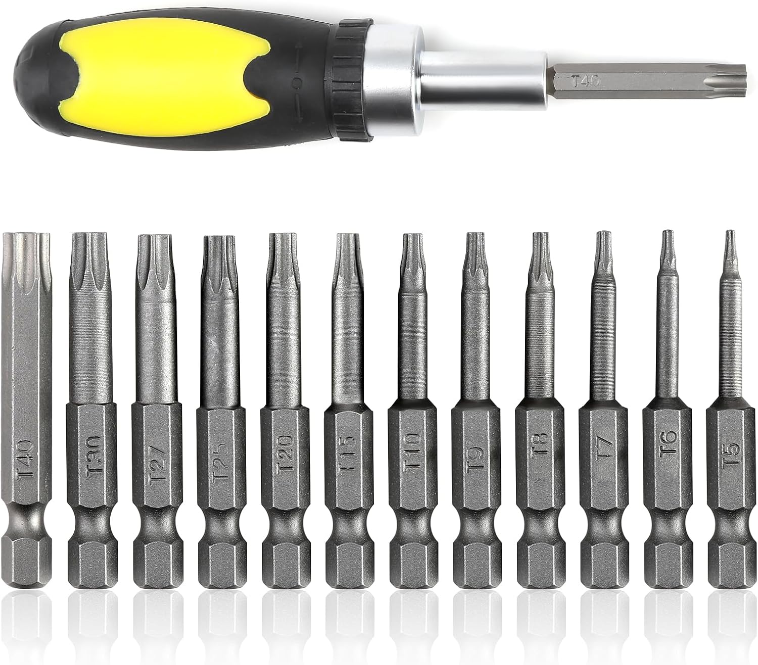 Torx Screwdriver Sets with 1 Handle, 12 Pcs 50mm 1/4 Inch Hex Shank