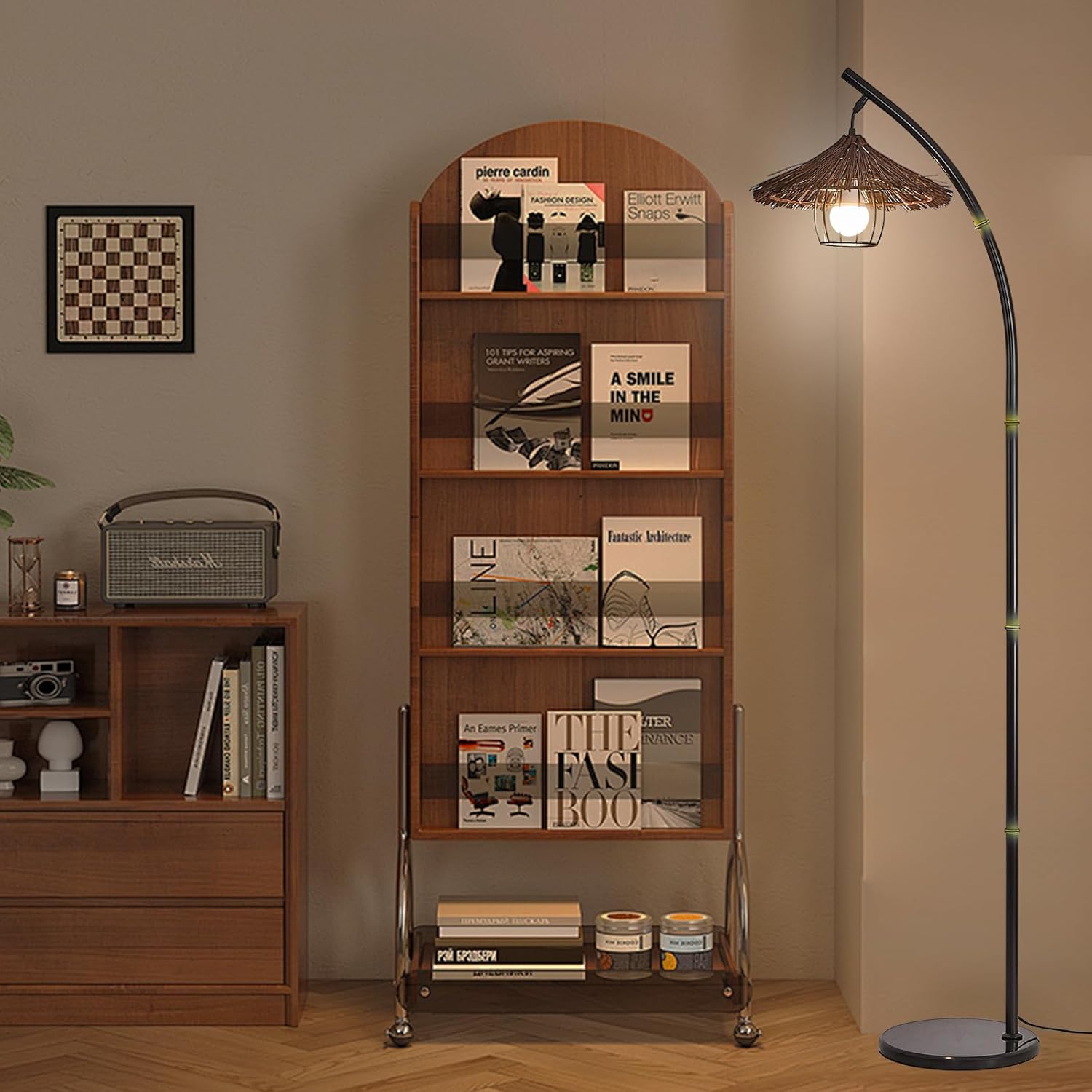 beaysyty Bamboo Floor lamp Mid Century Rattan Retro Floor lamp Bohemian,Arc Floor Lamps for Living Room Tall Reading Lamps Antique Rattan Style for Bedroom Dining Room Farmhouse Study (Purple)