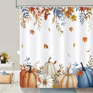 Fall Pumpkin Shower Curtain, Beige Blue Orange Pumpkins Autumn Leaves Thanksgiving Shower Curtain Waterproof Polyester for Bathroom with 12 Hooks, 72 x 72 Inches