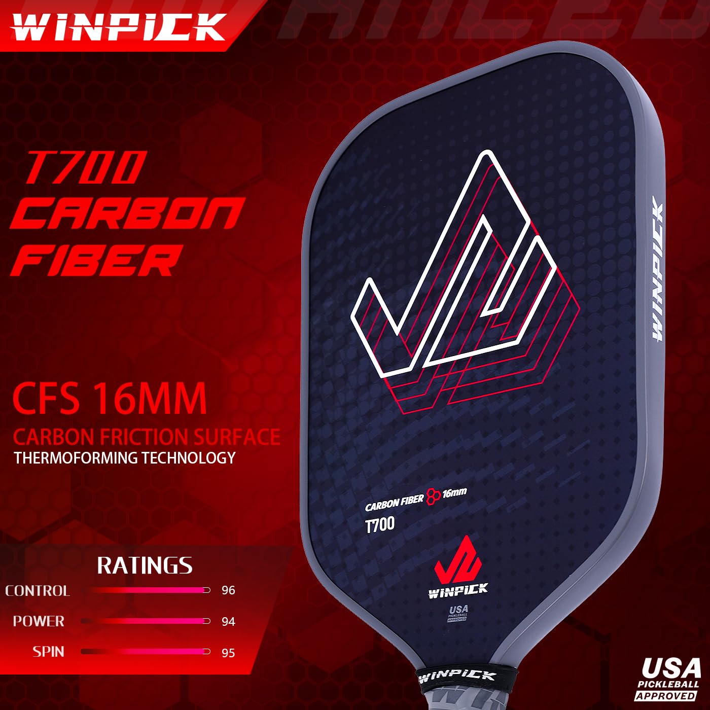 Racchetta per pickleball, superficie in fibra di carbonio T700 termoformata con pareti iniettate in schiuma, nucleo a nido d'ape in PP, controllo stabile delle prestazioni e potenza Pickleball