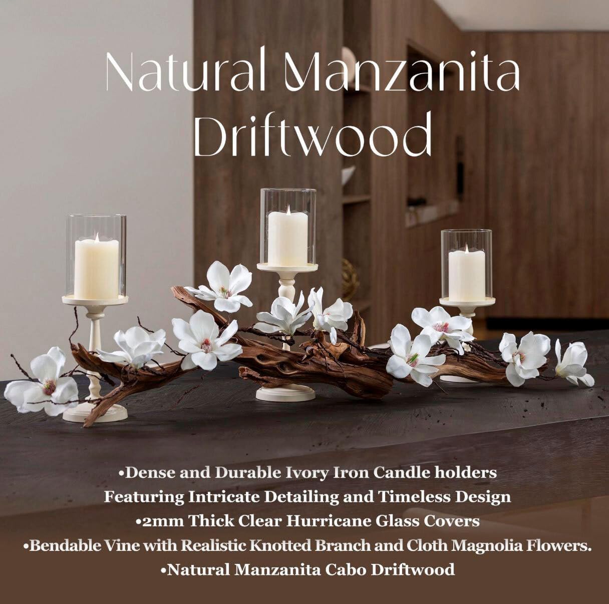 Easter Farmhouse Table Decor Centerpiece with 3pc Candleholder Set - Magnolia & Vine Driftwood Spring Home Decor - Floral Arrangement for Easter, Brunch, Dining Table, Weddings, & Seasonal Mantel