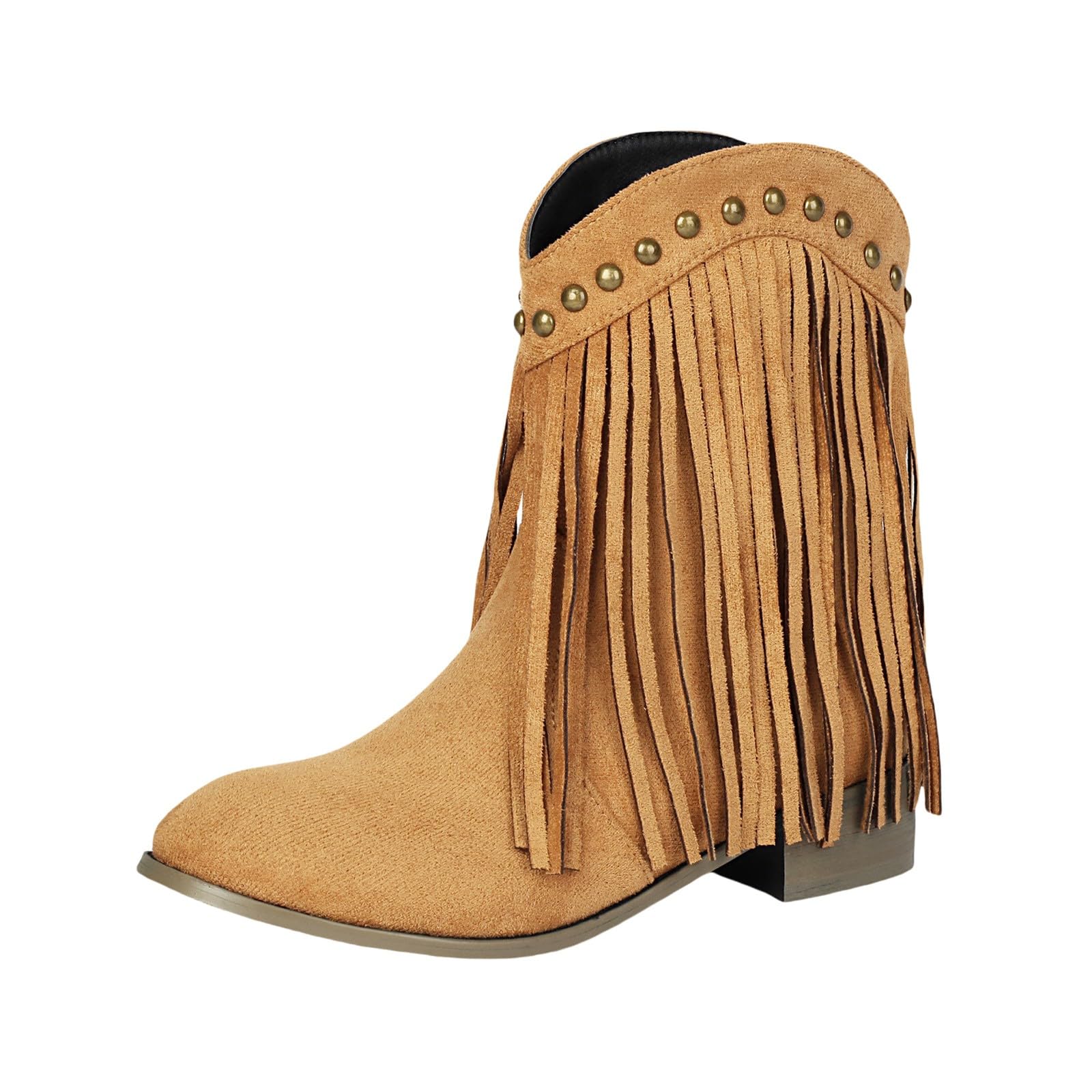 Cowboystiefel für Damen, knöchelhoch, mit Fransen, Cowboystiefel, Wildleder, Westernschuhe, Winter, warme Outdoor-Stiefel, breite Wade, Cowgirl-Schuhe, Blockabsatz