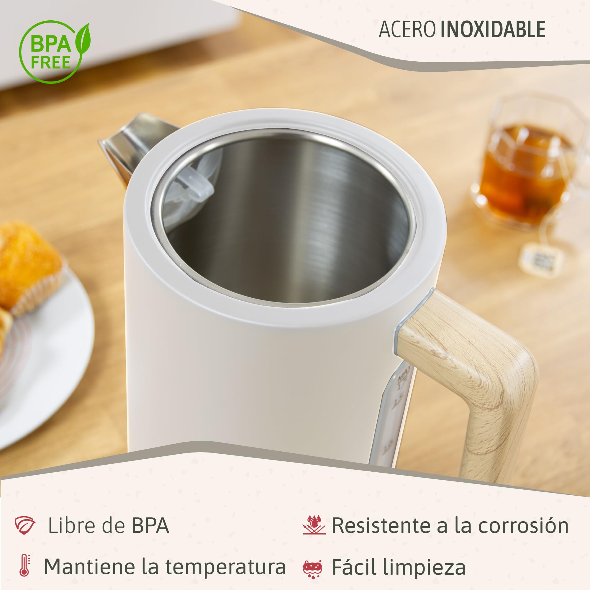 briebe Nordic Hervidor Agua Eléctrico 1,7L Inalámbrico, Tetera Infusiones 2200W Ebullición Rápida, Libre BPA, Base 360°, Controlador Strix, Apagado Automático, Diseño Nórdico, Asa Efecto Madera Blanco