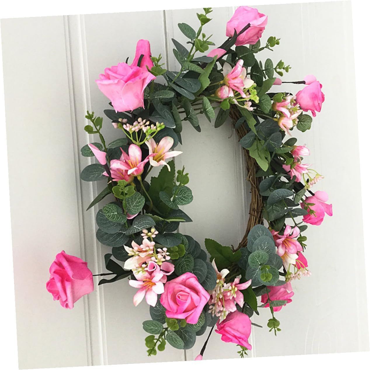 Simulation Eucalyptus and Rose Hanging Wreath Garland Decor for Wall Door Fireplace Evergreen Realistic Pink Floral Decoration Fall Christmas Thanksgiving Home Party