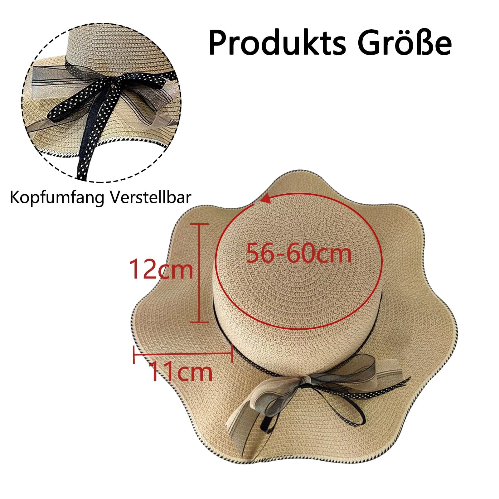 Słomkowy kapelusz damski, ochrona przed promieniowaniem UV, składany kapelusz przeciwsłoneczny, kapelusz plażowy, szerokie rondo, obwód głowy regulowany 55-60 cm, letni kapelusz na podróż