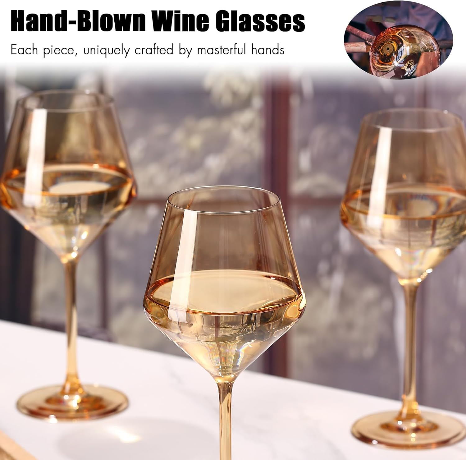 Amber Wine Glasses Set of 6-18oz【Hand Blown】 Crystal Colorful Wine Glasses with Stem-Muticolor Wine Glass Wedding/Birthday Gifts set for wine lovers Red White Wine Dinner