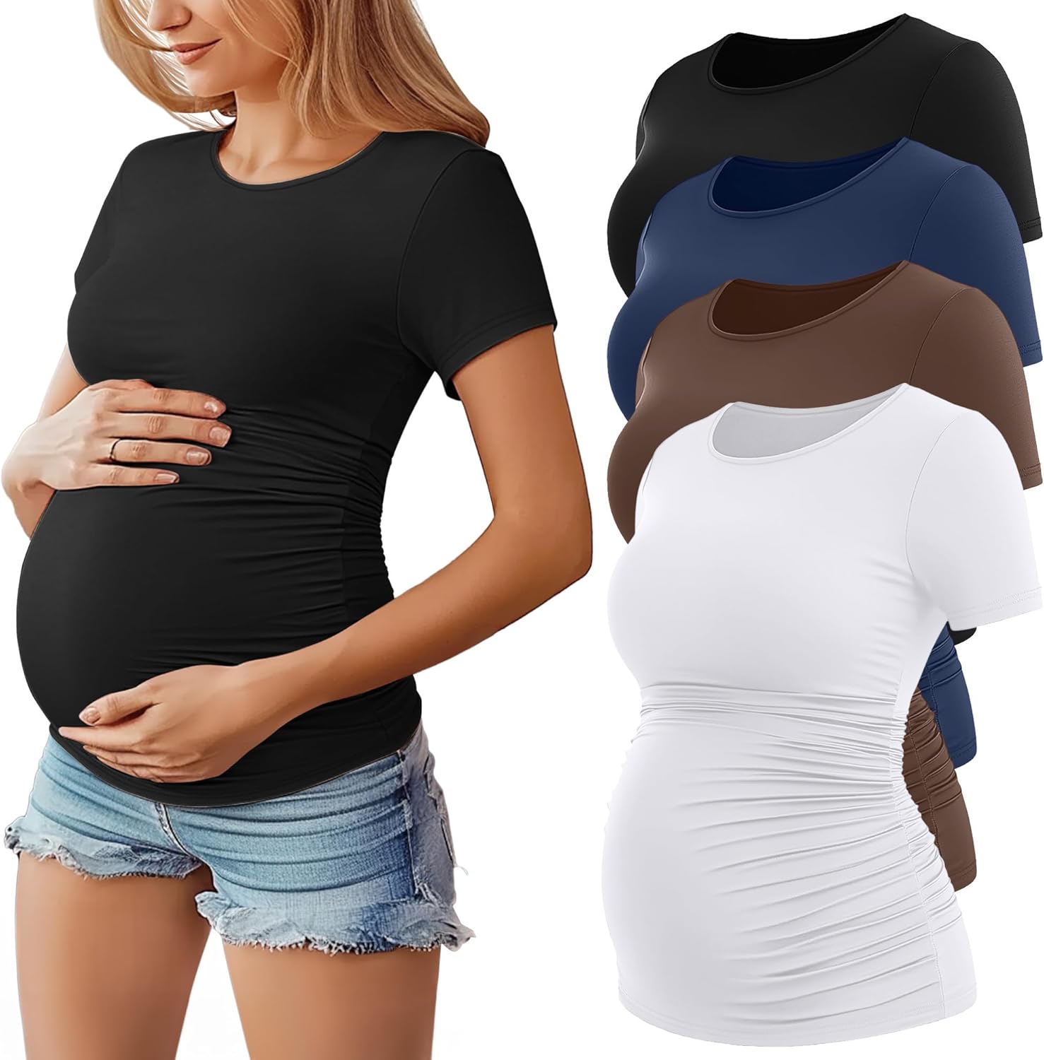 Huukeay 4 Pack Women's Maternity Shirts, Crew Neck Maternity Top Short Sleeve Casual Cotton Tee Side Ruched Pregnancy Clothes