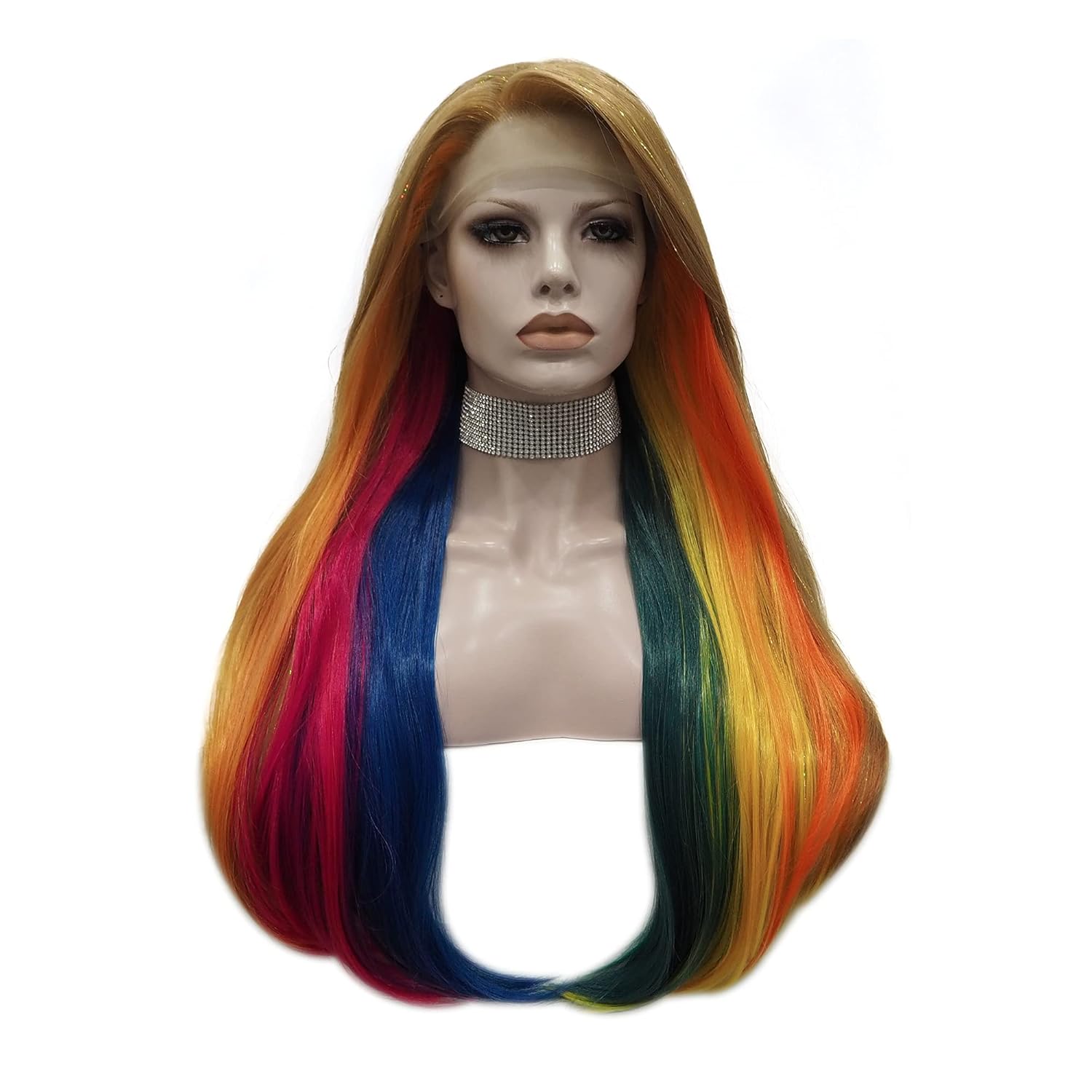 IMSTYLE Rainbow Colorful Lace Front Wigs Synthetic Straight 26 inches Wig Natural Hairline for Halloween Cosplay Party Wig (Colorful)