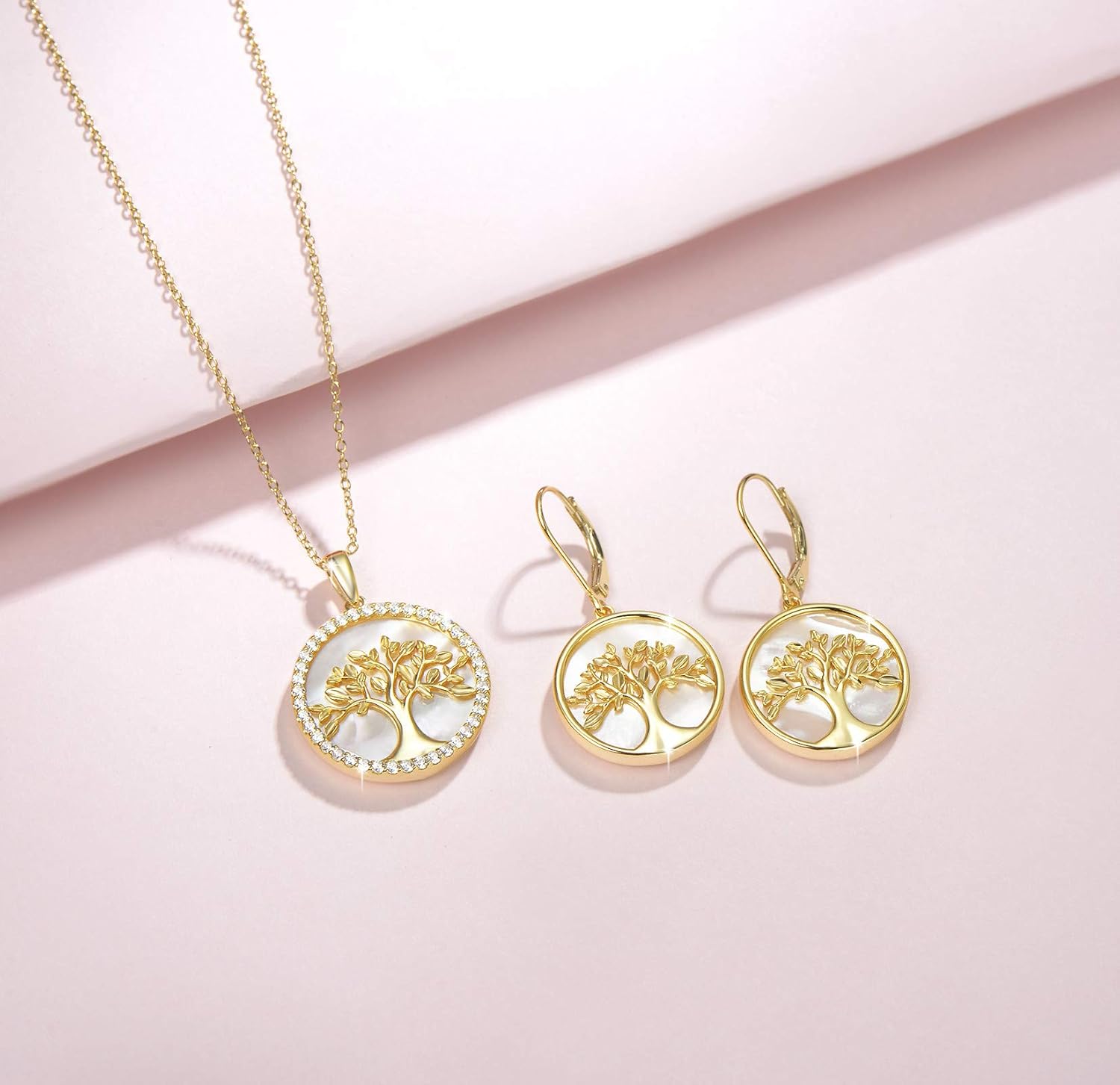 Agvana Gold Tree of Life Necklace Earrings for Women Gold Plated Sterling Silver Genuine Mother of Pearl CZ Family Tree Jewelry Anniversary Birthday Gifts for Women Mom Wife - Image 3