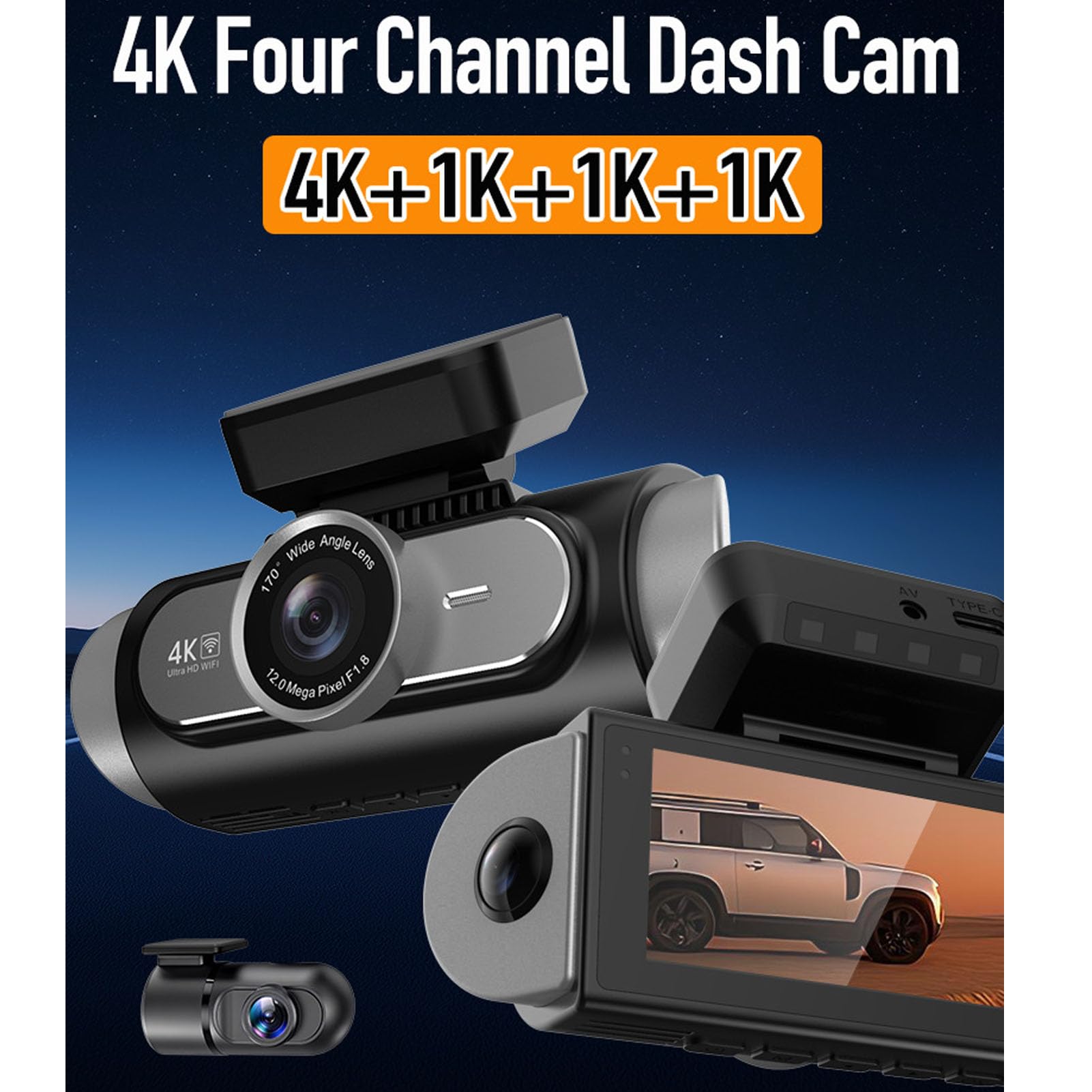 VBESTLIFE Cámara de Salpicadero 4K, DVR para Coche con Visión Nocturna Delantera y Trasera de 4 Lentes con Pantalla de 3 Pulgadas, Gran Angular de 170°, Sensor G, Monitor de