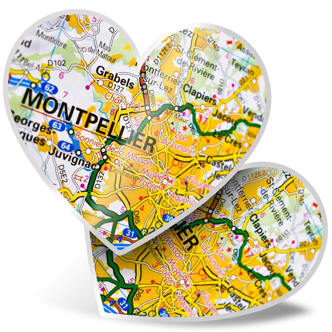 Destination Vinyl Ltd Multi 2 X 7.5Cm Heart Stickers - Montpellier Travel France French Map Decals 45777