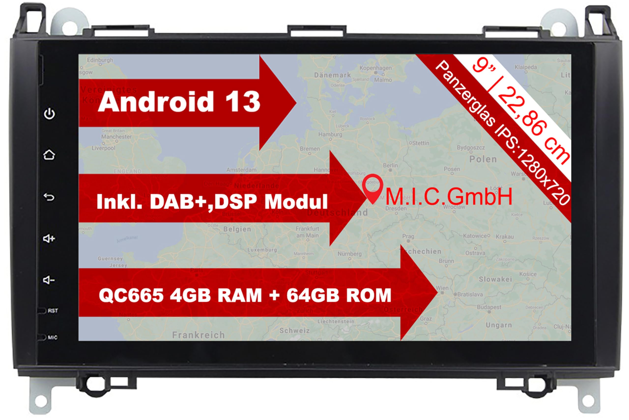 M.I.C. AB9 Android 13 Autoradio mit Navigation: QC 665, 4GB+64GB, 9 Zoll, SIM, CarPlay & Android Auto, DAB+, – Ersatz für Mercedes Benz A-Klasse W169 B-Klasse W245 Viano Vito W639 Sprinter VW Crafter - 1