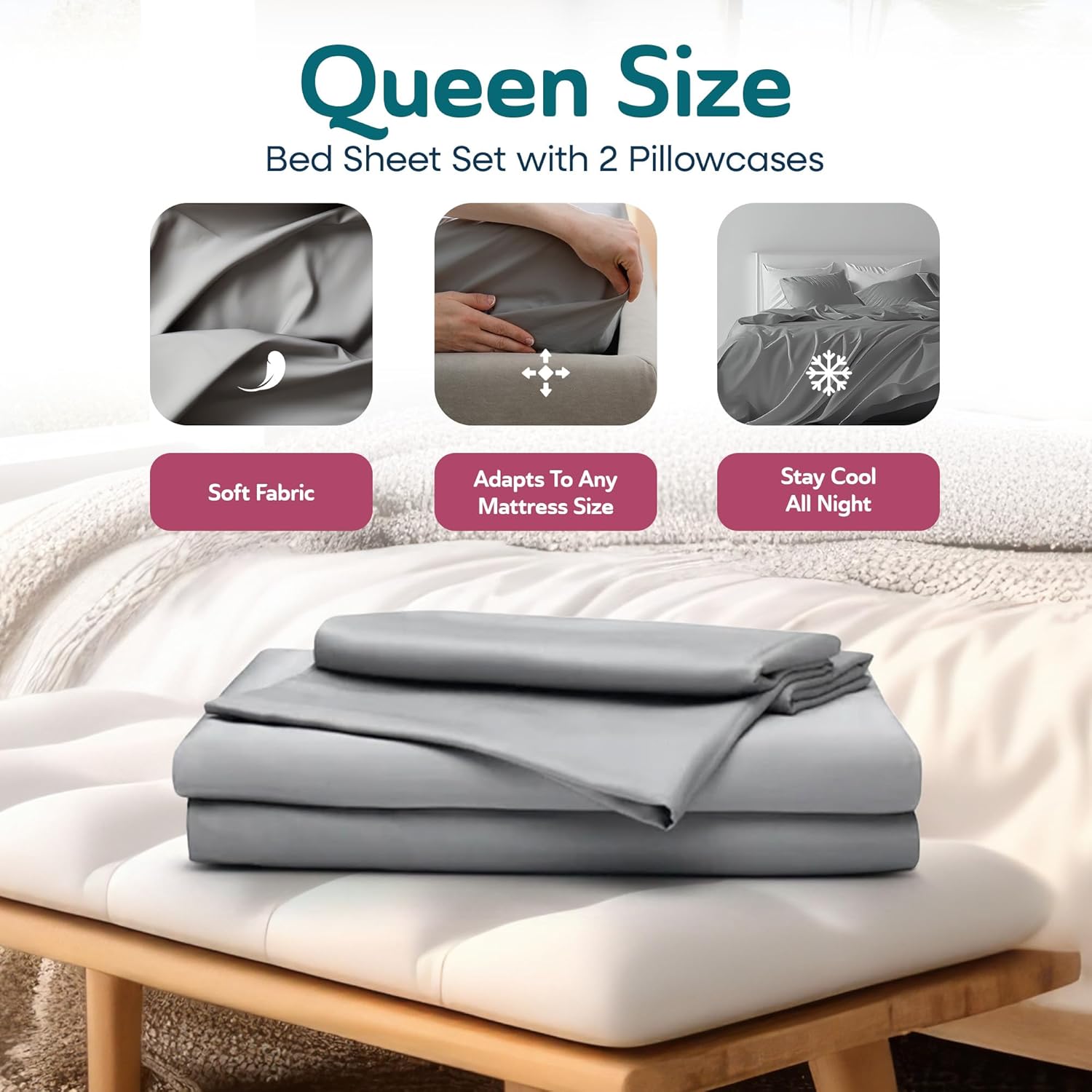 Sleepgram Viscose Fiber Queen Size Bed Sheet Set with Flat Sheet, Fitted Sheet, and 2 Pillowcases for Comfortable Night's Sleep, Grey Stone