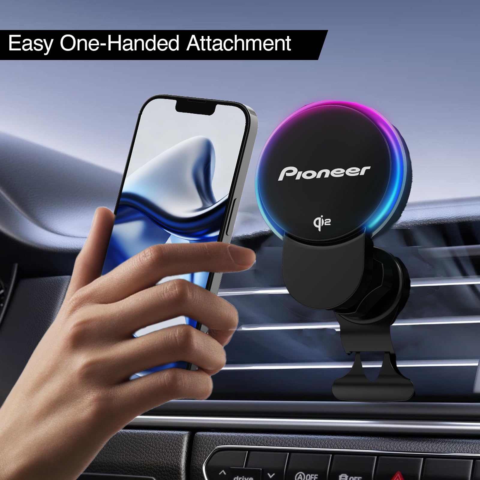 Pioneer SDA-SC600 Magnetischer Qi2 Smartphonehalter mit kabellosem Schnellladen bis 15W, RGB-Beleuchtung, Lüftungsschlitz-Halterung, MagSafe kompatibel